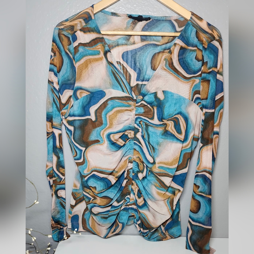 Jane and Delancey Blue and Brown Abstract Blouse